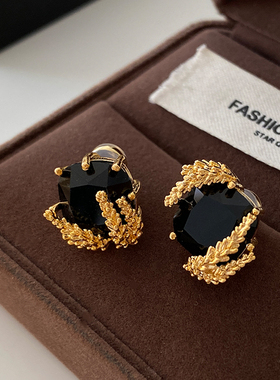 黑石头麦穗耳钉2025新款爆款高级感欧美耳环轻奢小众设计中古耳饰