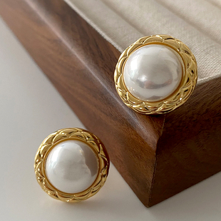 金属菱格耳饰 法式 大珍珠耳钉轻奢高级感独特2025新款 耳环简约时尚