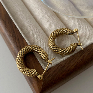 古铜色麻花耳圈2025新款 中古耳环圈圈设计感气质高级复古耳饰 爆款