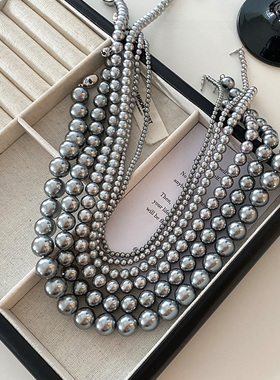 S家真多麻灰色珍珠项链轻奢小众毛衣链2026新款爆款高级感锁骨链