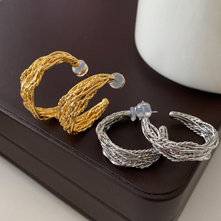 金属麻花耳环2025新款 风小众设计多层圆圈耳饰 高级感耳钉轻奢法式