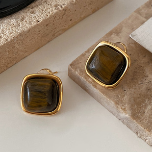方形虎眼石耳钉新款 美拉德耳环秋冬高级感轻奢欧美风耳饰 2024爆款