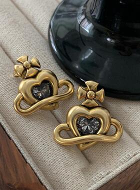 暗金色西太后耳环2024新款爆款高级感爱心耳钉轻奢复古小香风耳饰