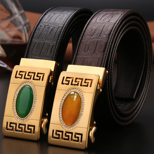 皮带男士青年自动扣腰带玉石扣头裤带中年商务鳄鱼纹牛皮皮带