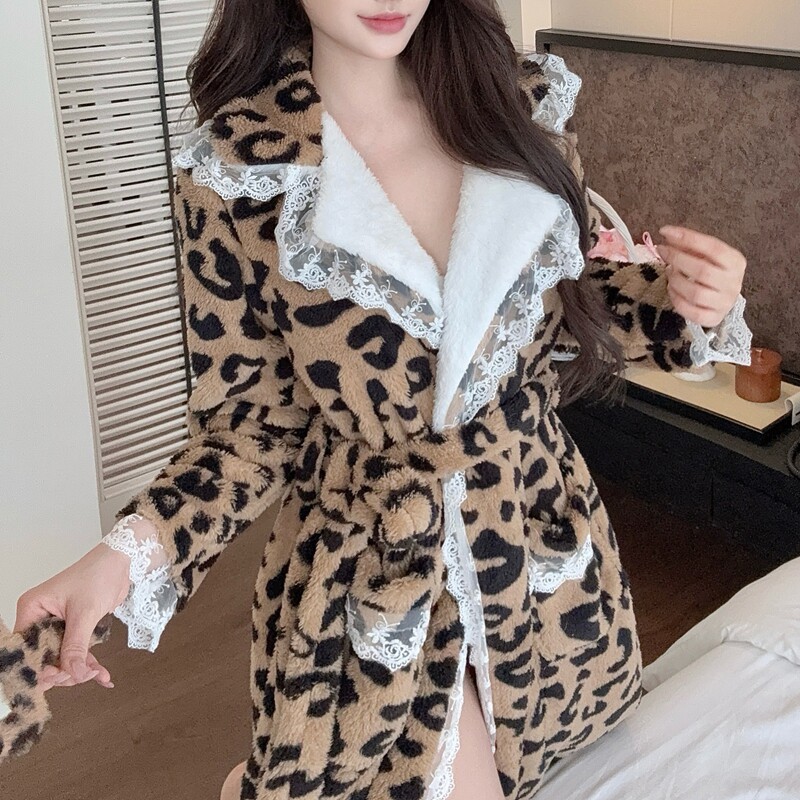 秋冬睡袍加厚法兰绒纯欲简约保暖睡衣珊瑚绒加厚睡袍女浴袍家居服