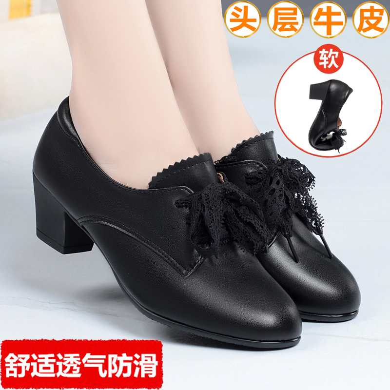春秋单鞋女真皮中跟蕾丝系带皮鞋
