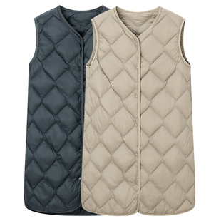 日本优羽绒马甲女内穿配大衣伴侣无领V羽绒内胆轻薄羽绒服中长款