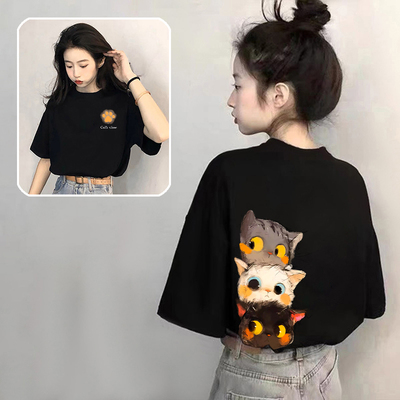 杏色卡通猫咪短袖t恤女20