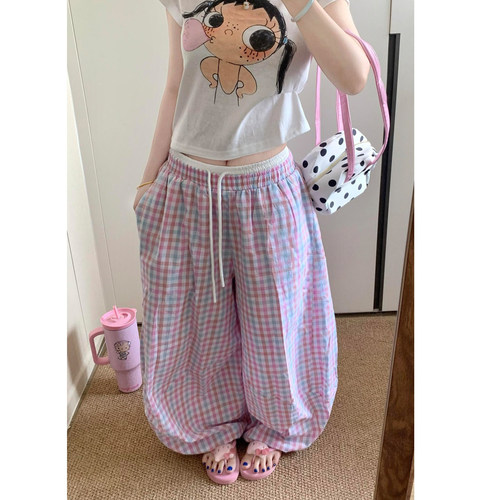 复古粉色格子松紧腰阔腿裤女夏季
