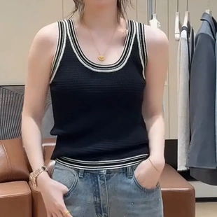 2026新款 大码 女装 夏季 上衣 微胖MM显瘦撞色小香风针织吊带背心无袖