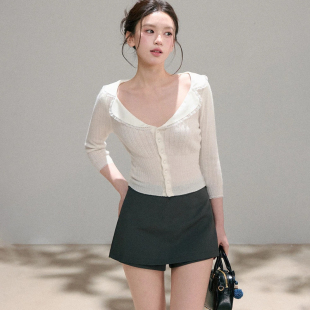 胖MM羊毛白色针织小衫 七分袖 女春夏季 显瘦蕾丝边法式 上衣 修身 大码
