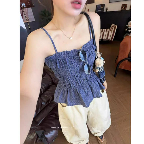 蓝色格子打揽吊带背心女外穿上衣