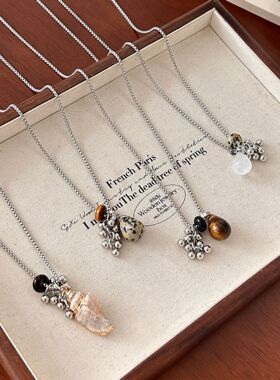 钛钢ins风博主同款天然石葡萄串吊坠小众毛衣链饰品女项链珍珠