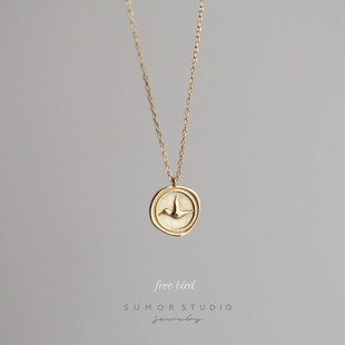 Free 飞鸟s925纯银硬币浮雕项链女精致锁骨链女卫衣毛衣链29 Bird