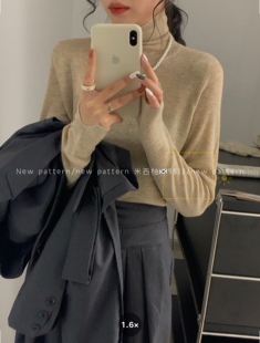 欧洲站2022秋冬新款羊毛针织衫女套头高领纯色打底衫薄堆堆领毛衣