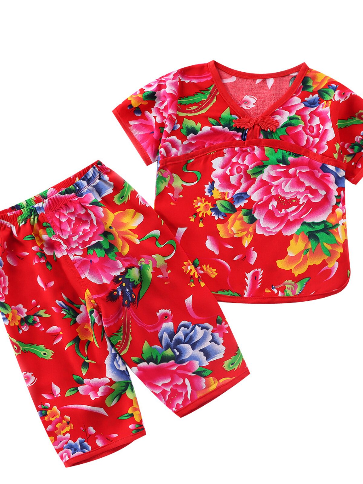 TODDLER LOUNGEWEAR SET NET RED BABY COTTON SILK NORTHEAST BIG FLOWER SHORT-SLEEVED CROPPED PANTS MENS AND WOMENS TREASURE SUMMER PAJAMAS TIDE