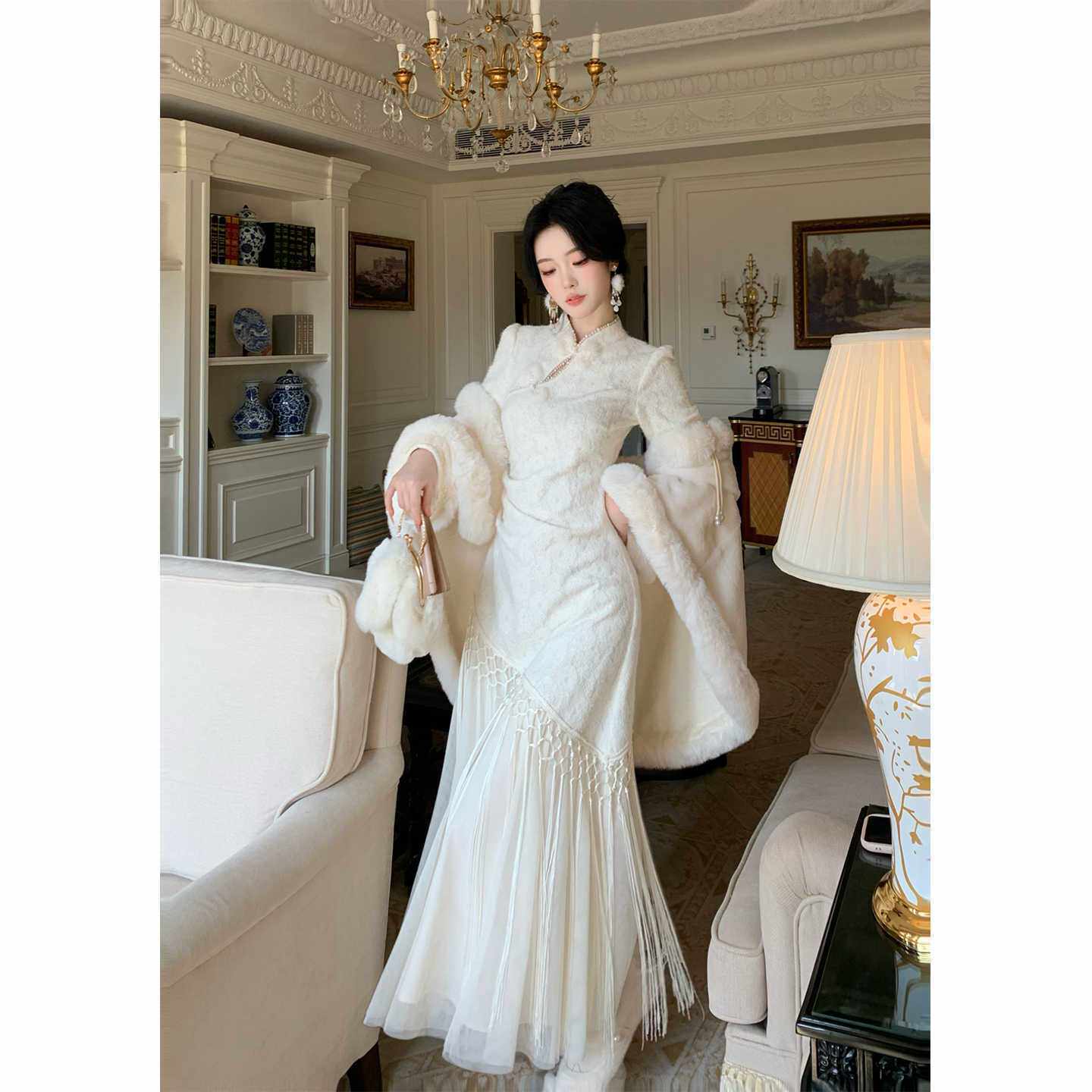 2025秋季气质水滴领女长袖连旗袍