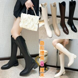 真皮瘦腿女西部软牛仔皮骑士靴白棕色尖头内增高8CM过膝长筒靴子