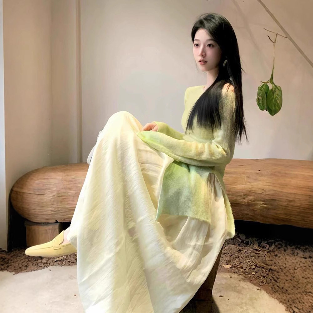 法式绿色小清新罩衫半身裙两件套装女春2025新款小个子穿搭