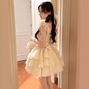 甜美蕾丝绝美连衣裙女夏季初恋蝴蝶结公主蛋糕裙收腰提花蓬蓬裙