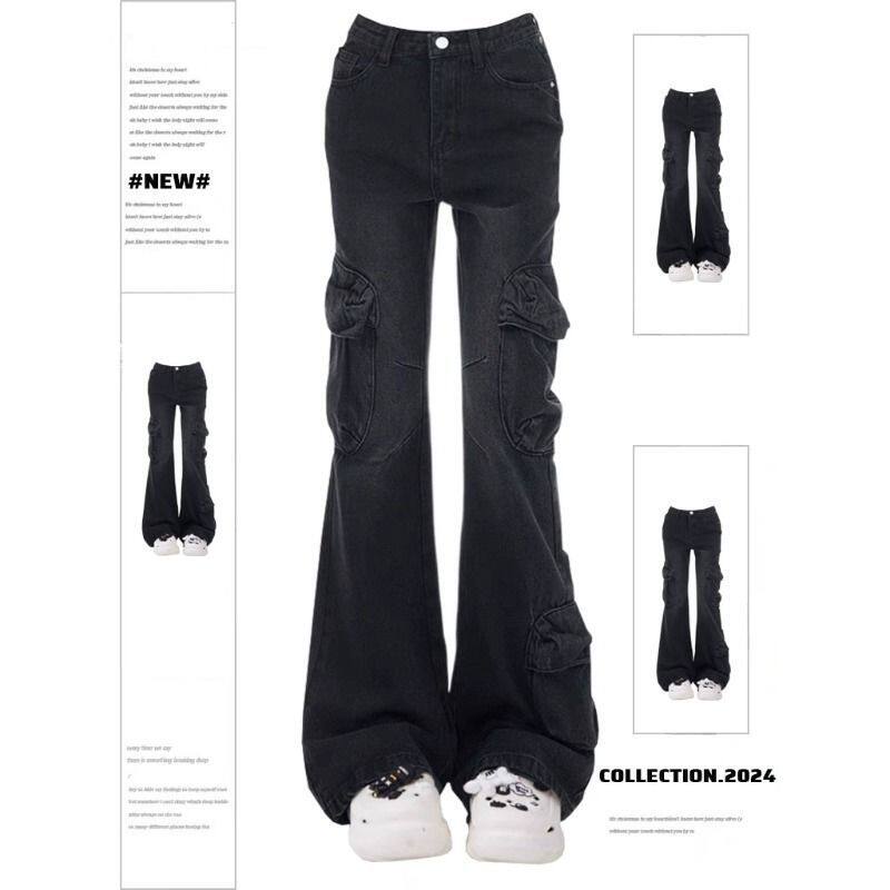 美式复古黑灰色微喇工装牛仔裤女生小众国潮高腰显瘦马蹄喇叭长裤