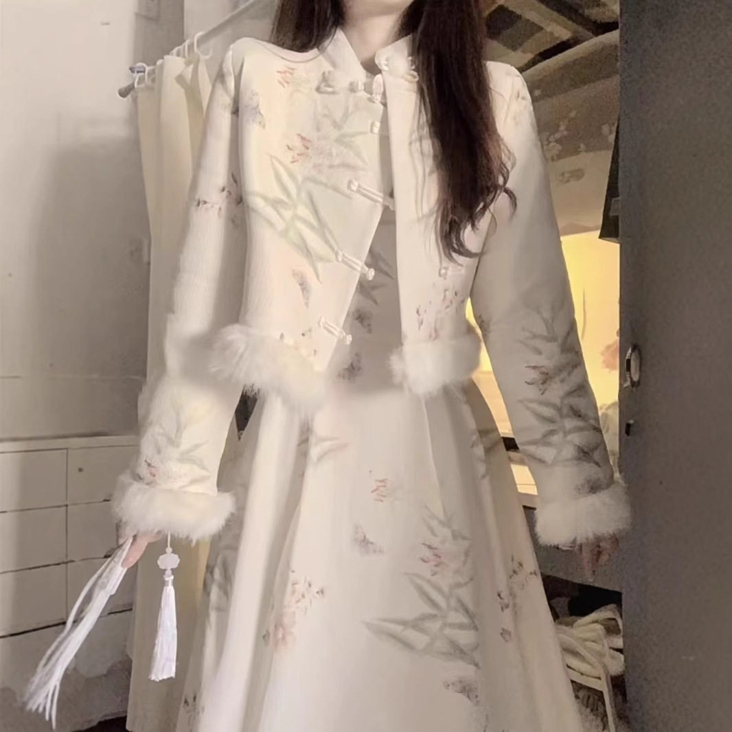 新中式复古套装裙2024秋冬加厚保暖高级感外套连衣裙气质两件