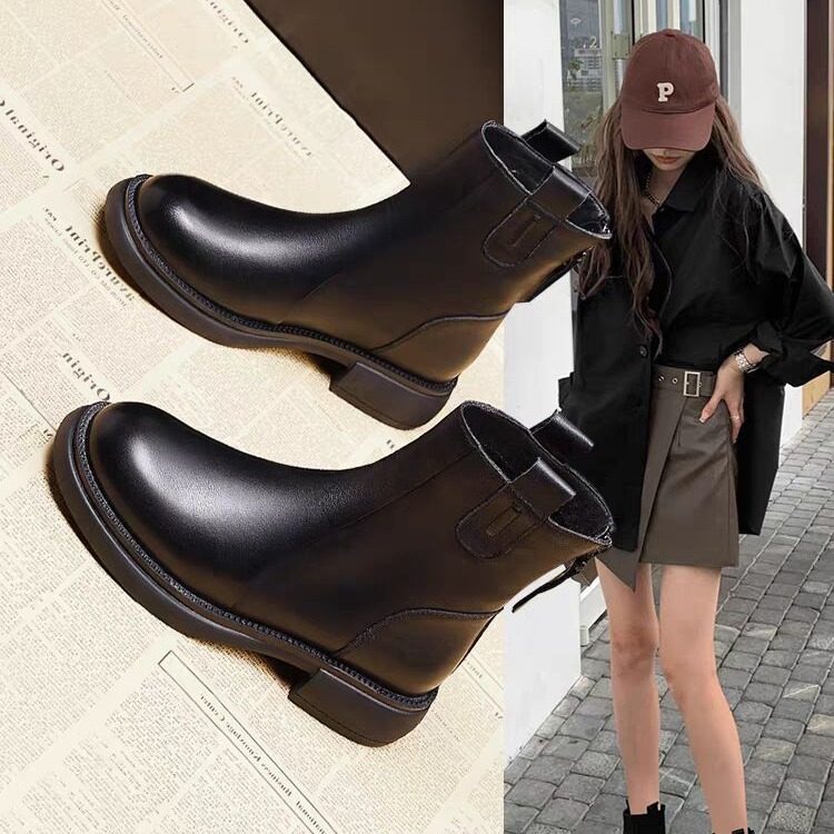 软皮瘦瘦靴女款2025平底后拉链春秋秋冬加绒马丁靴棉鞋英伦风