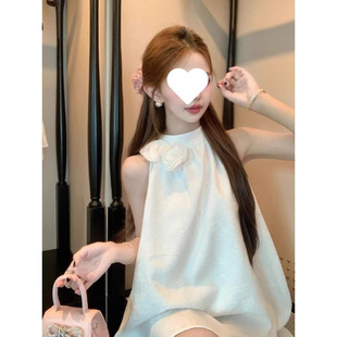 法式温柔提花无袖挂脖连衣裙女夏季宽松设计感白色花