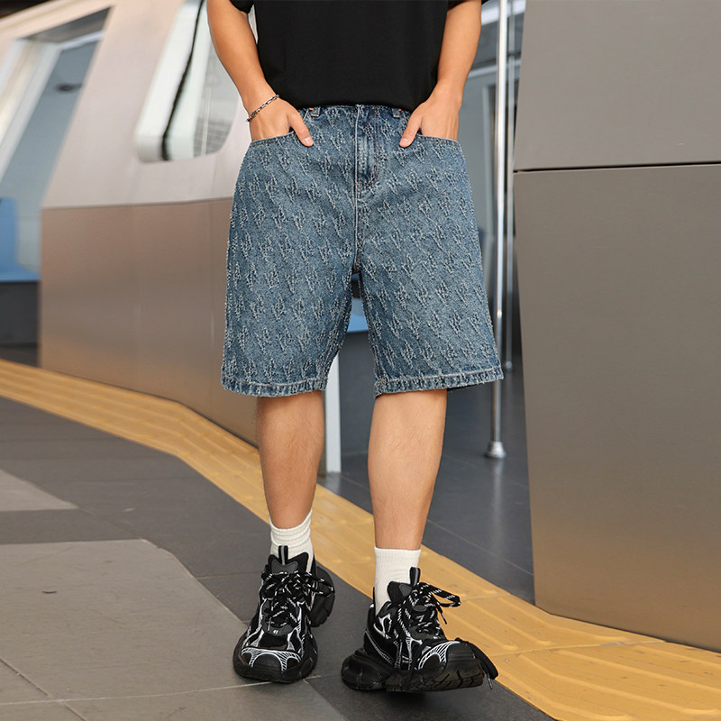 夏季宽松美式复古牛仔五分短裤男