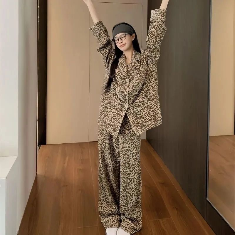 豹纹睡衣女秋冬高级感2025新款老钱风复古长袖宽松家居服套装情侣