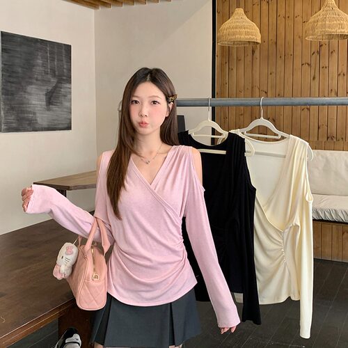 韩婷l春季新款胖mm大码女纯欲v领露肩收腰弧形长袖上衣
