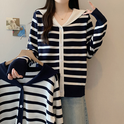 韩婷l秋装新款胖mm大码女时尚减龄海军领撞色条纹针织上衣