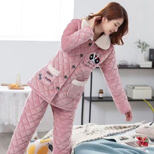 冬季睡衣女士中长款三层加厚珊瑚绒夹棉袄韩版保暖加绒家居服套装