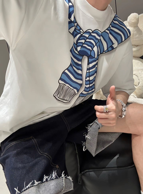 【陈发财】FACAI新款简约设计感手绘披肩印花短袖T恤情侣装小领口