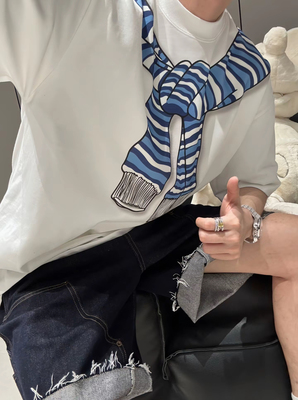 【陈发财】FACAI新款简约设计感手绘披肩印花短袖T恤情侣装小领口