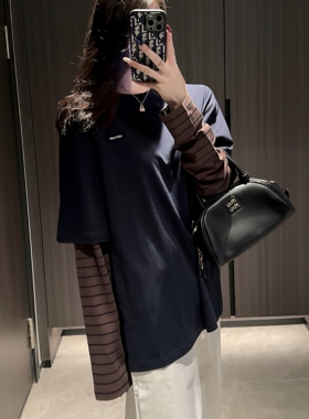 【陈发财】FA CAI新美式摩卡色系复古风条纹拼接假两件小领口长袖