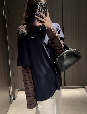 【陈发财】FA CAI新美式摩卡色系复古风条纹拼接假两件小领口长袖