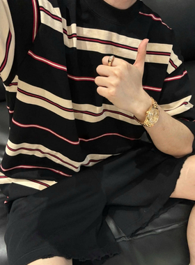 【陈发财】FA CAI新款条纹撞色短袖圆领廓形百搭T恤男女同款宽松