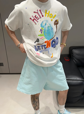 【陈发财】FA CAI新款手绘设计印花小领口重磅纯棉短袖T男女情侣