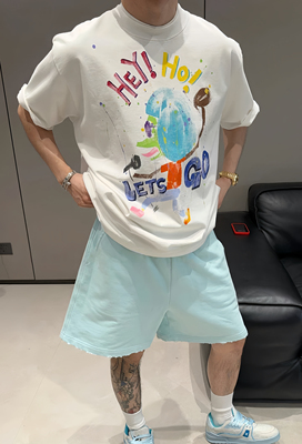 【陈发财】FA CAI新款手绘设计印花小领口重磅纯棉短袖T男女情侣