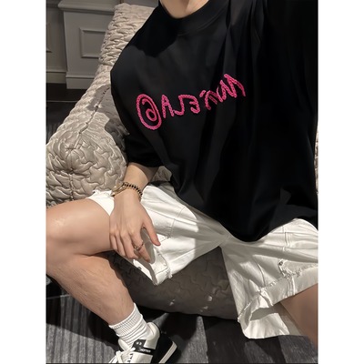 【陈发财】FA CAI夏日新款数字⑥立体毛线绣设计t恤男情侣款短袖T