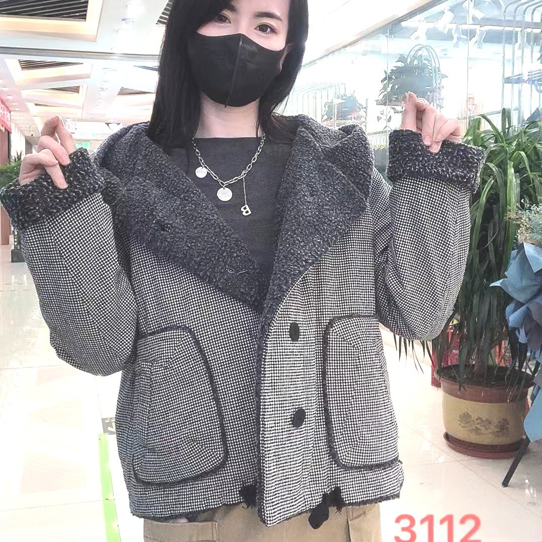 雪蓝杉棉麻宽松女装2024年冬款复古棉衣棉服人字纹连帽短外套3112