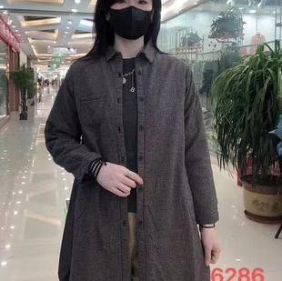 雪蓝杉棉麻衬衫6286中长款衬衣长袖polo领夹棉小格子春秋新款女装