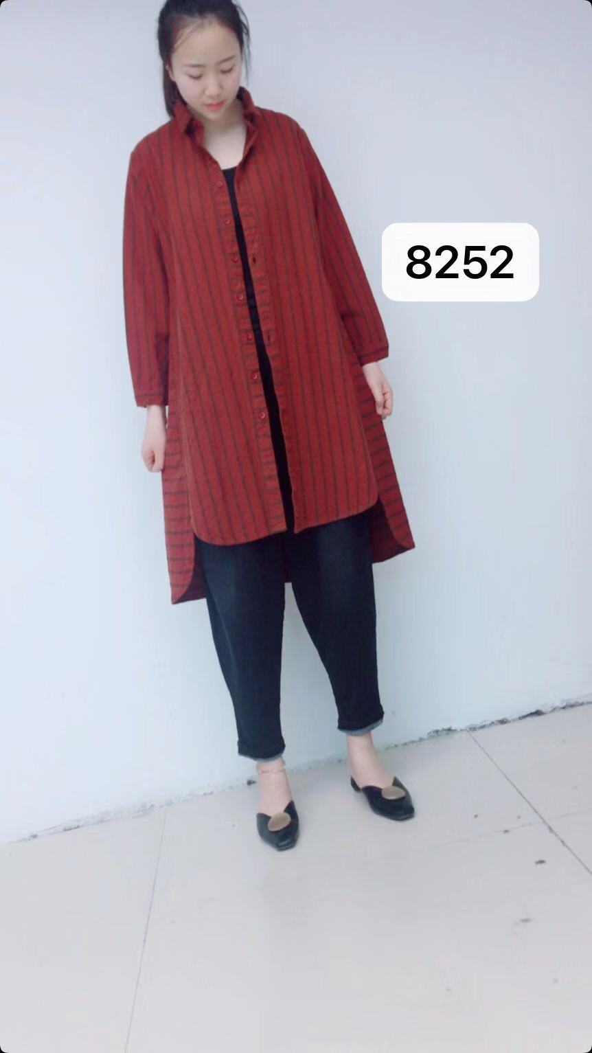 8252雪蓝杉衬衫宽松棉麻中长款上衣大码外套胖mm大衫2023新款条纹