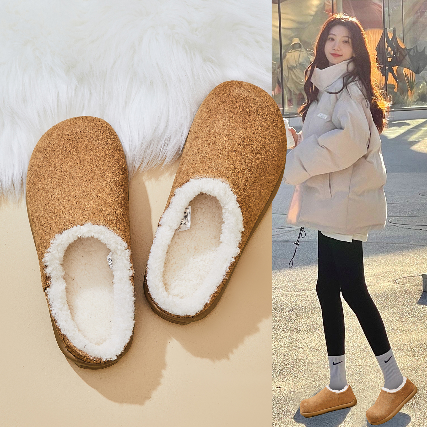 2025冬季新款勃肯鞋羊皮毛一体雪地靴女平底包头拖鞋加绒毛毛鞋