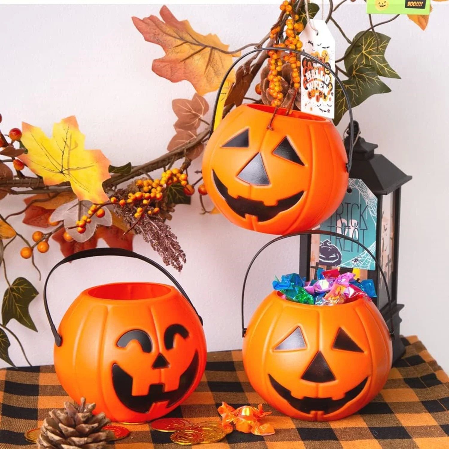 3PCS Halloween Pumpkin Buckets Portable Jack-O-Lantern Bucke