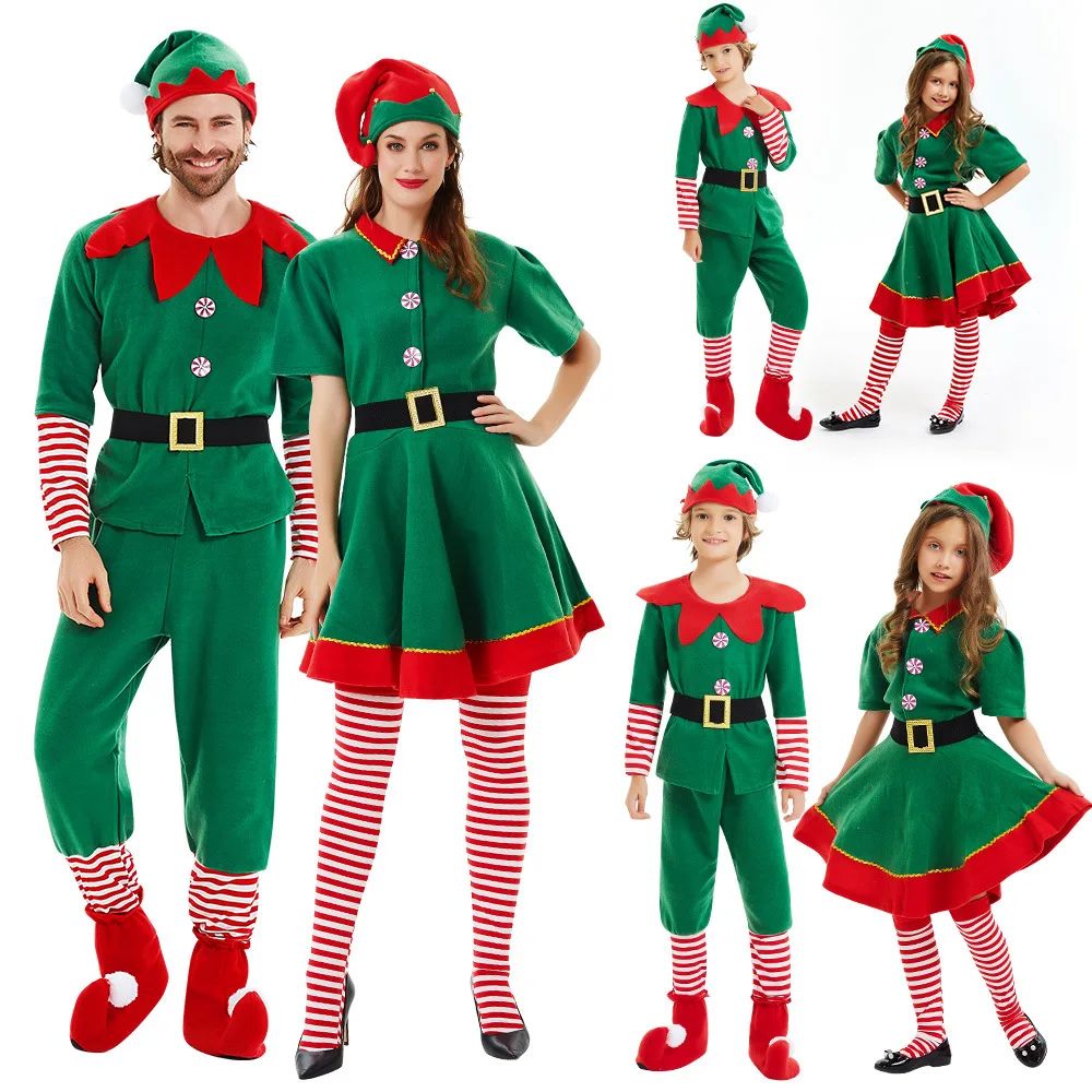 Christmas Elf Family Costume Role Playing Outfit Green Santa