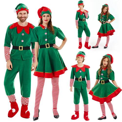 Christmas Elf Family Costume Role Playing Outfit Green Santa