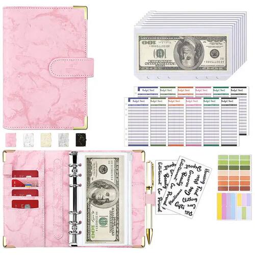 PU Leather Budget Binder With Cash Envelopes Pockets Zip Sma