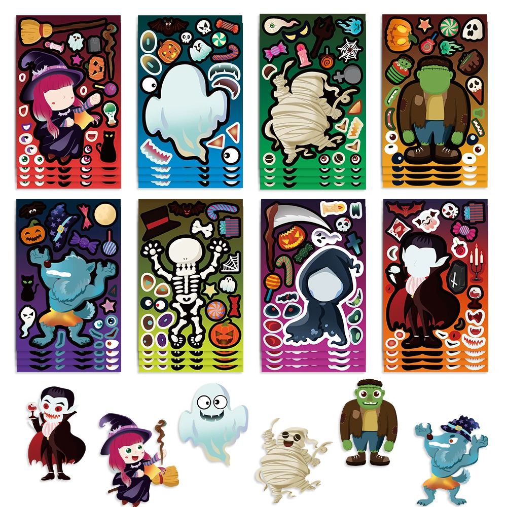 8/16/24pcs Halloween Stickers Crafts for Kids Make A Face Wi